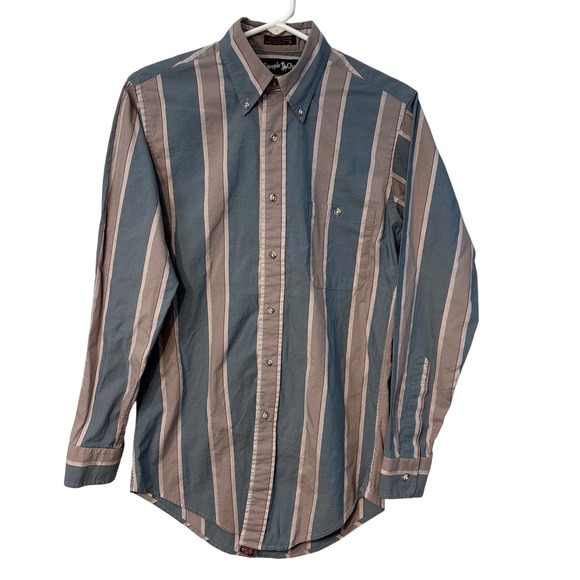Vintage SteepleChase Men's Small Shirt Blue Beige Striped Cotton Button Down USA - Picture 1 of 14